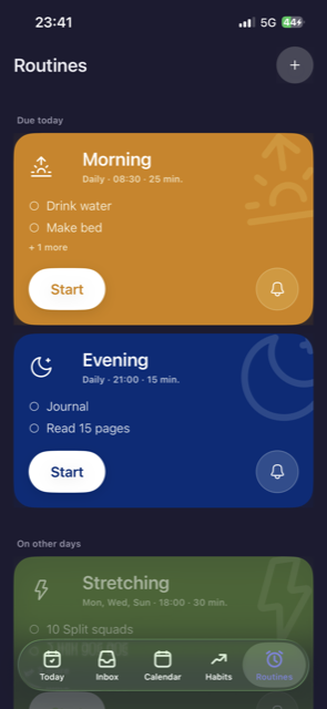 Productivity Planner routines screen