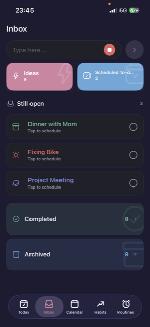 Productivity Planner inbox screen